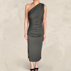 zara green ruched one shoulder asymmetrical maxi dress size small